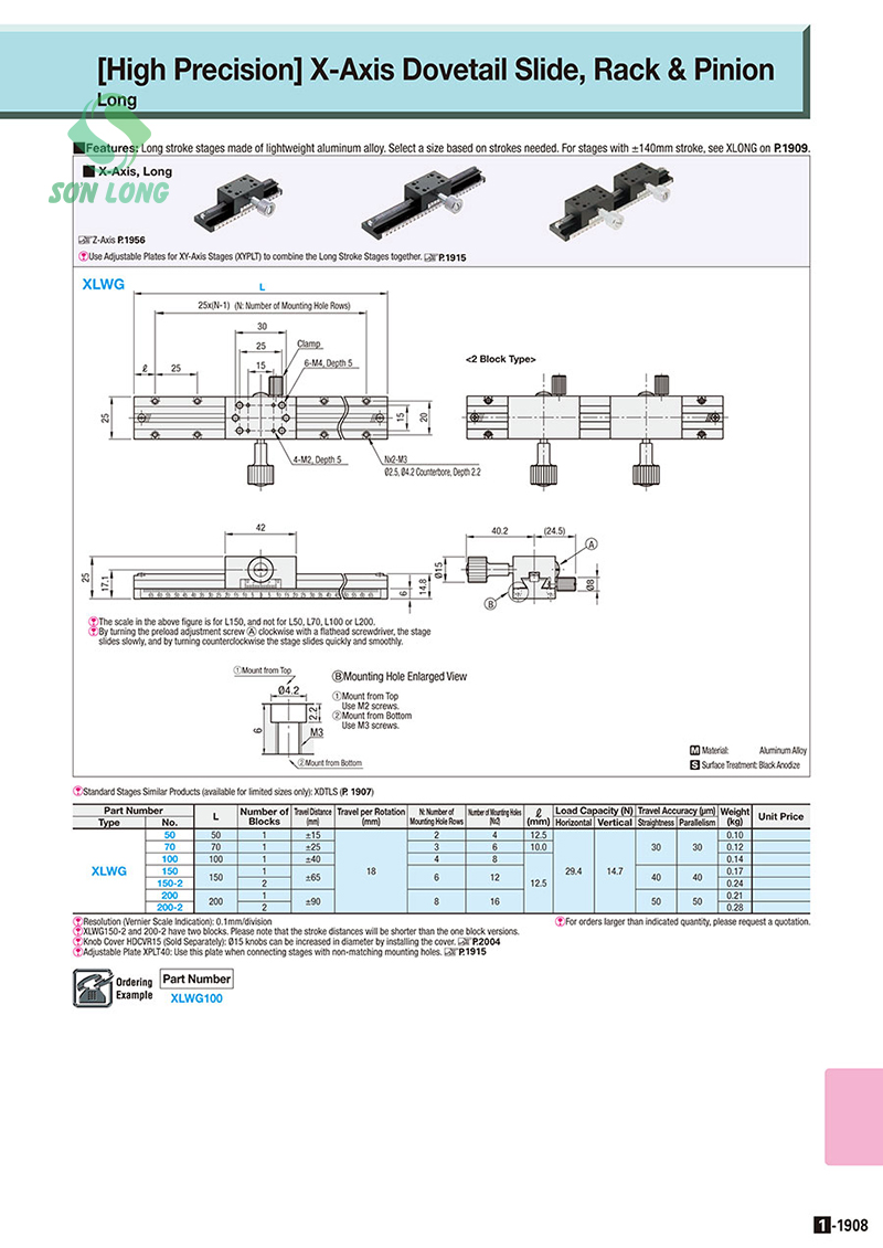 X-Axis Dovetail Slide, Rack & Pinion - Long XLWG