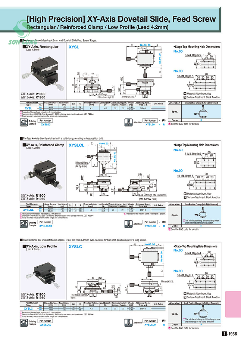 XY-Axis Dovetail Slide, Feed Screw - Low Profile XYSLC60/XYSLC90